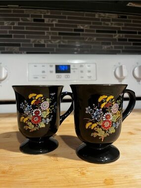 Pair of Vintage 70s Black Floral Pedestal Mugs